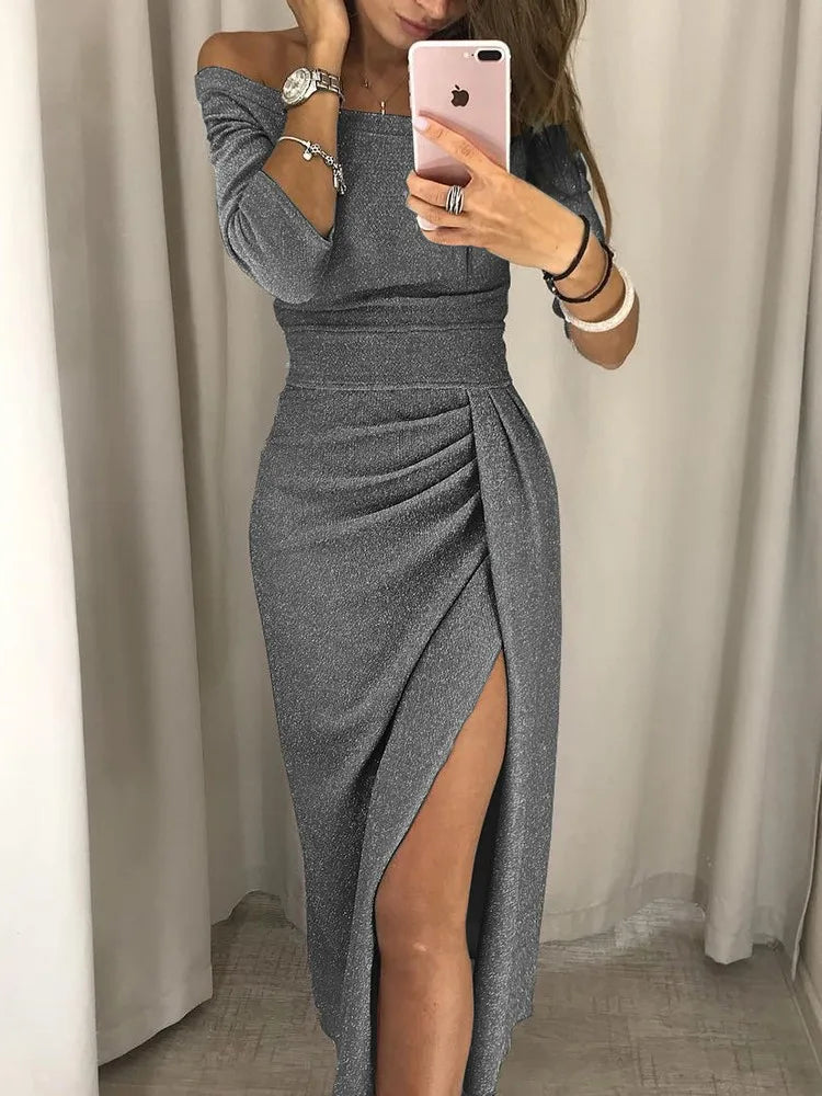 Fashion Elegant Lady Evening Party Dresses 2023 Autumn Women's Clothing Off Shoulder High Waist Sexy Club Slash Neck Midi Dress
