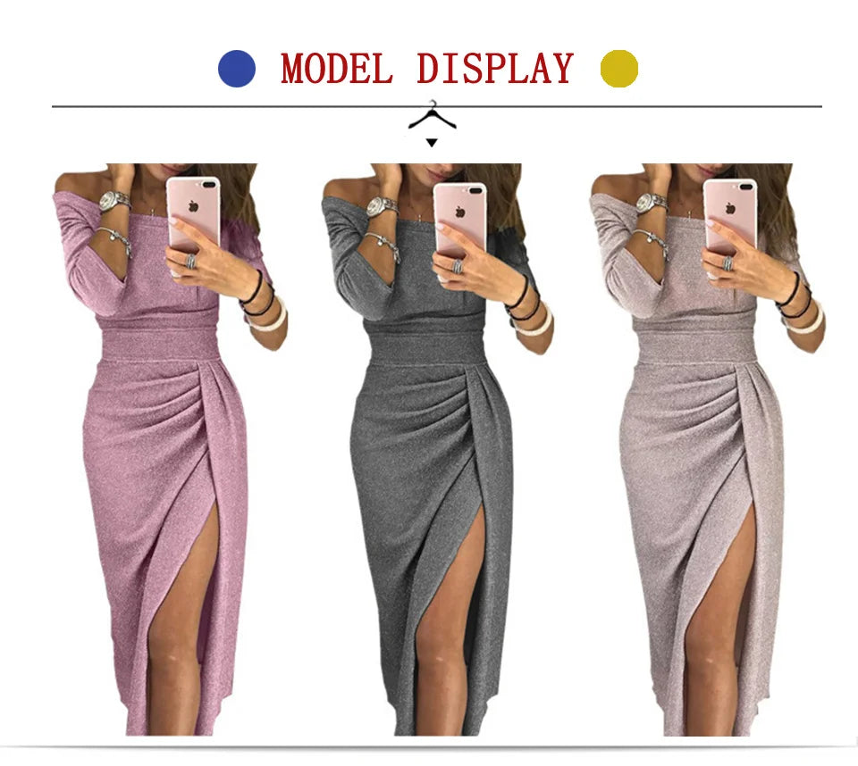 Fashion Elegant Lady Evening Party Dresses 2023 Autumn Women's Clothing Off Shoulder High Waist Sexy Club Slash Neck Midi Dress