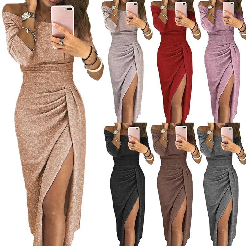 Fashion Elegant Lady Evening Party Dresses 2023 Autumn Women's Clothing Off Shoulder High Waist Sexy Club Slash Neck Midi Dress