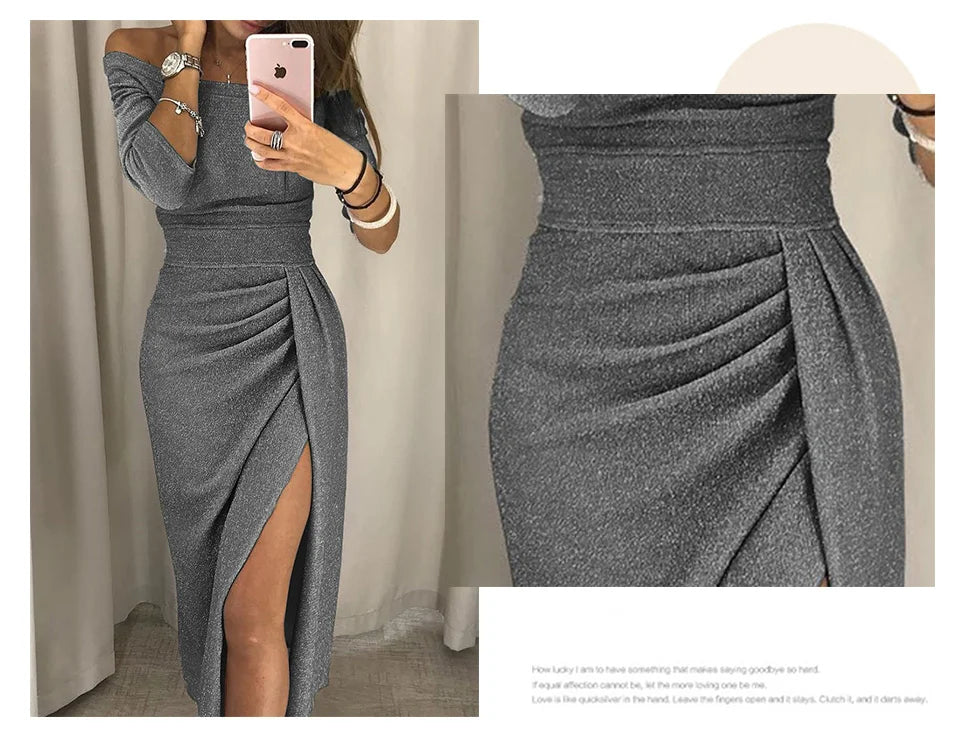 Fashion Elegant Lady Evening Party Dresses 2023 Autumn Women's Clothing Off Shoulder High Waist Sexy Club Slash Neck Midi Dress