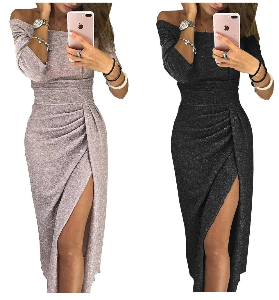 Fashion Elegant Lady Evening Party Dresses 2023 Autumn Women's Clothing Off Shoulder High Waist Sexy Club Slash Neck Midi Dress