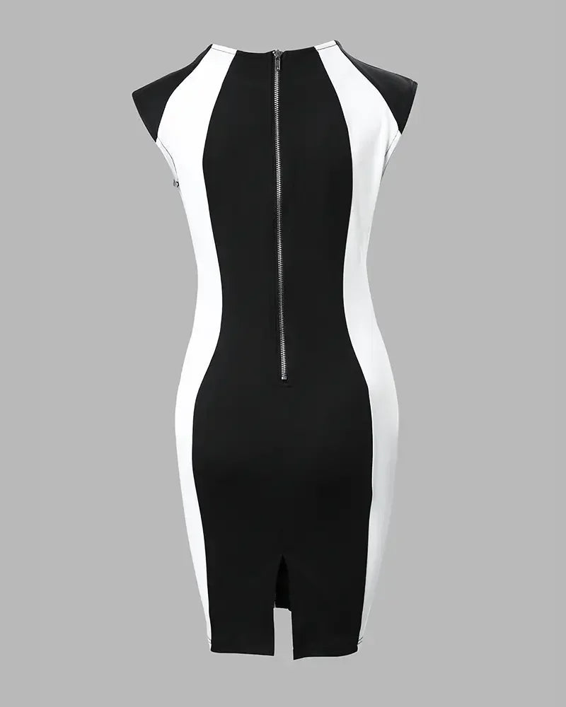 2025 Summer Women's Dresses Fashion Elegant Colorblock Round Neck Sleeveless Casual Bodycon Mini Daily Dress for Female