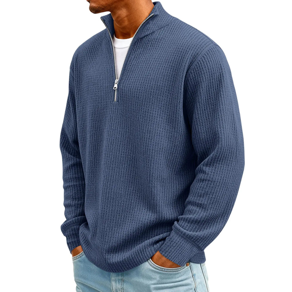 New Sweatshirts For Men Spring Waffle Long-sleeved T-shirt Men's Casual Loose Zipper Polo Collar Tees Tops Man Outwear