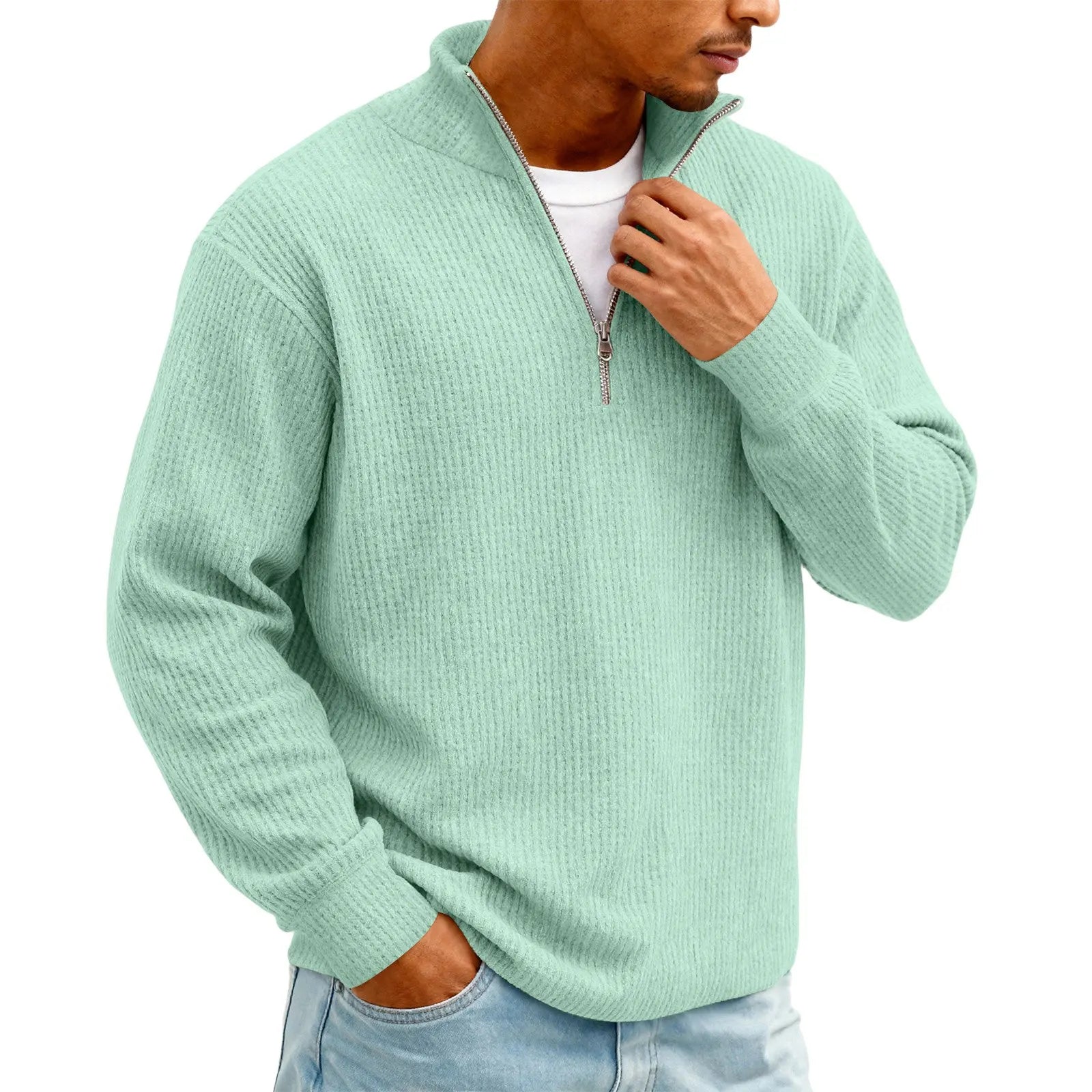 New Sweatshirts For Men Spring Waffle Long-sleeved T-shirt Men's Casual Loose Zipper Polo Collar Tees Tops Man Outwear