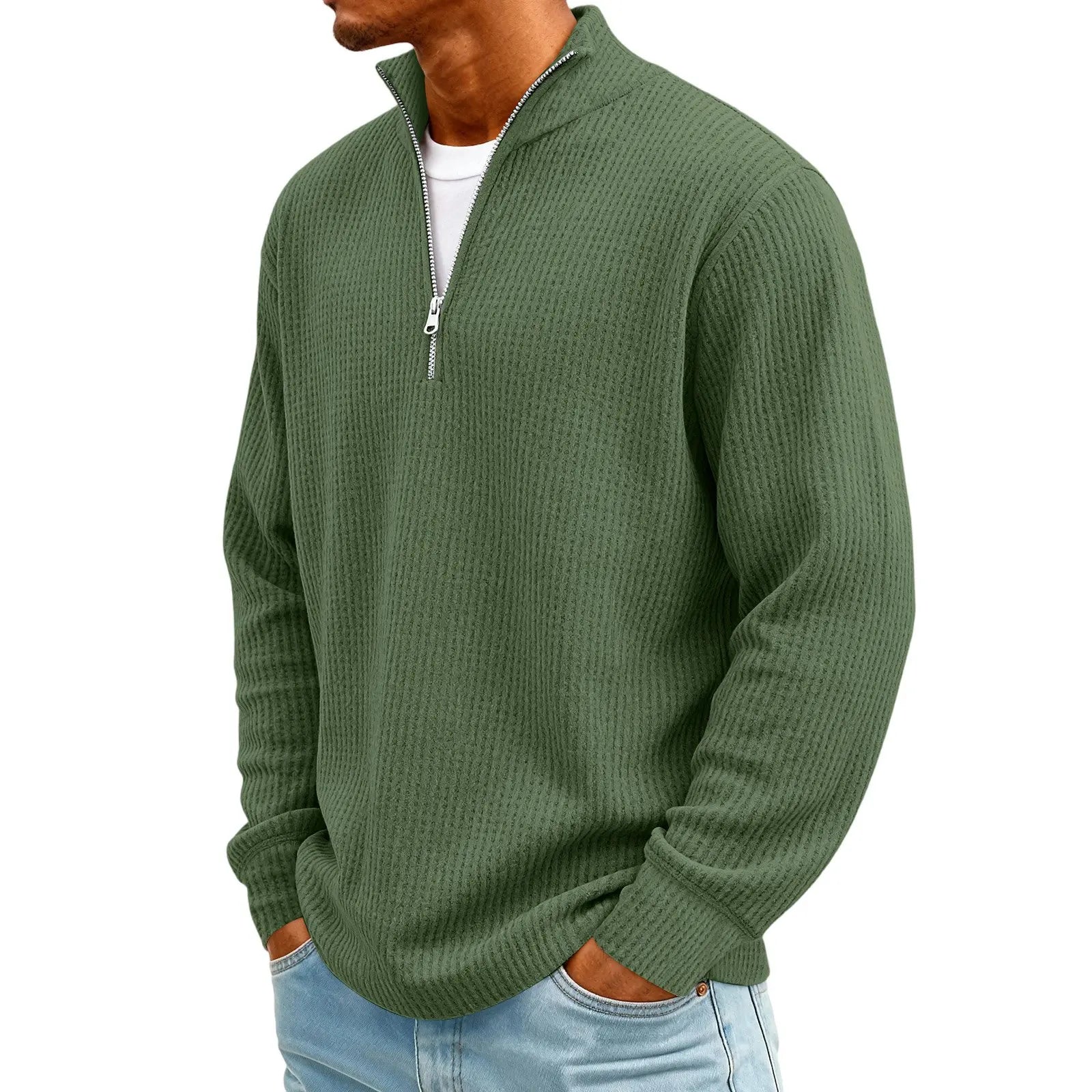 New Sweatshirts For Men Spring Waffle Long-sleeved T-shirt Men's Casual Loose Zipper Polo Collar Tees Tops Man Outwear