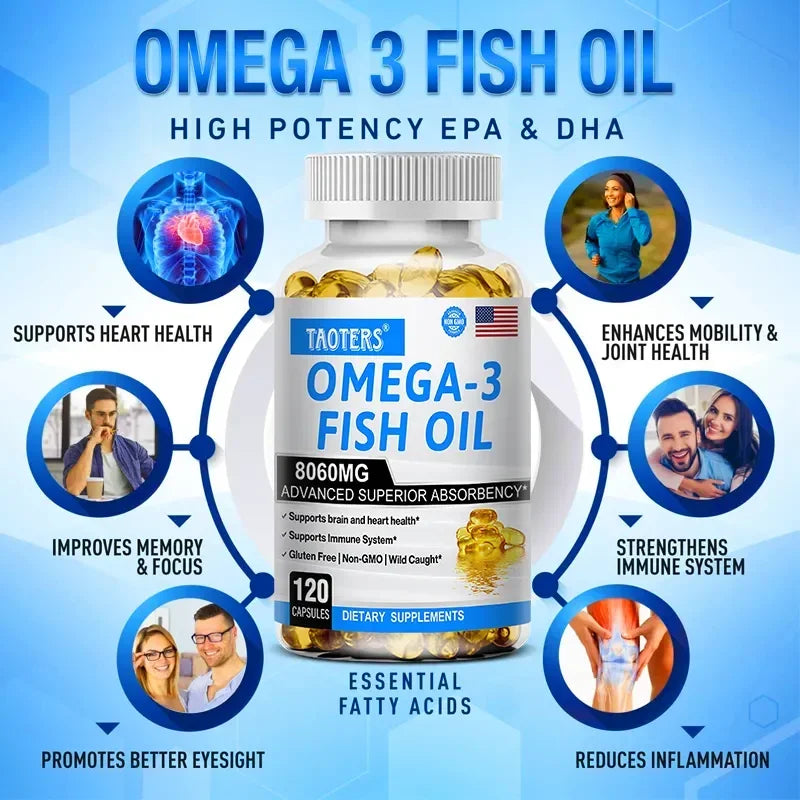 Fish Oil Omega 3 - Helps Improve Eyes, Joints, Antioxidants, Improves Skin Health, Brain Function and Supports Immunity