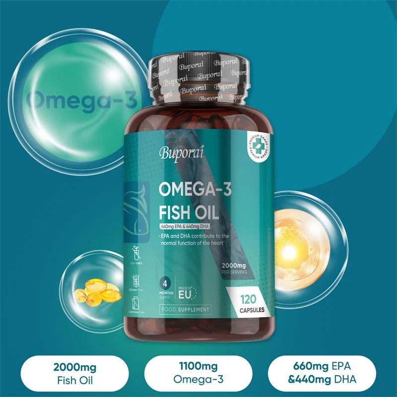 Omega 3 Fish Oil 2000mg -  Helps Maintain Normal Brain Function and Healthy Vision, Boosts Natural Energy and Improves Immunity