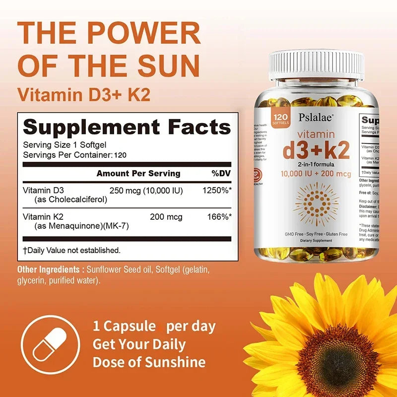 Vitamin D3 with K2 - Immune Support, Healthy Muscle Function and Bone Health, for Heart, Joint Health