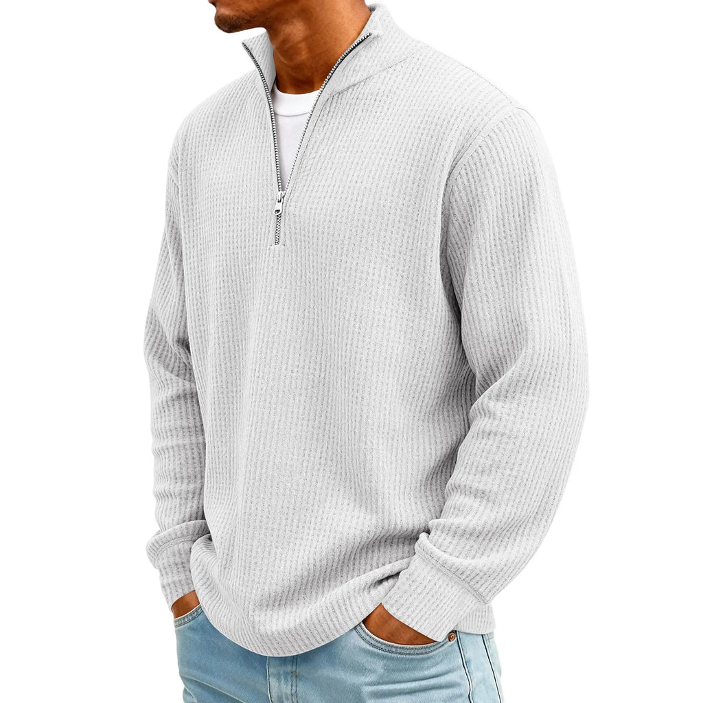 New Sweatshirts For Men Spring Waffle Long-sleeved T-shirt Men's Casual Loose Zipper Polo Collar Tees Tops Man Outwear