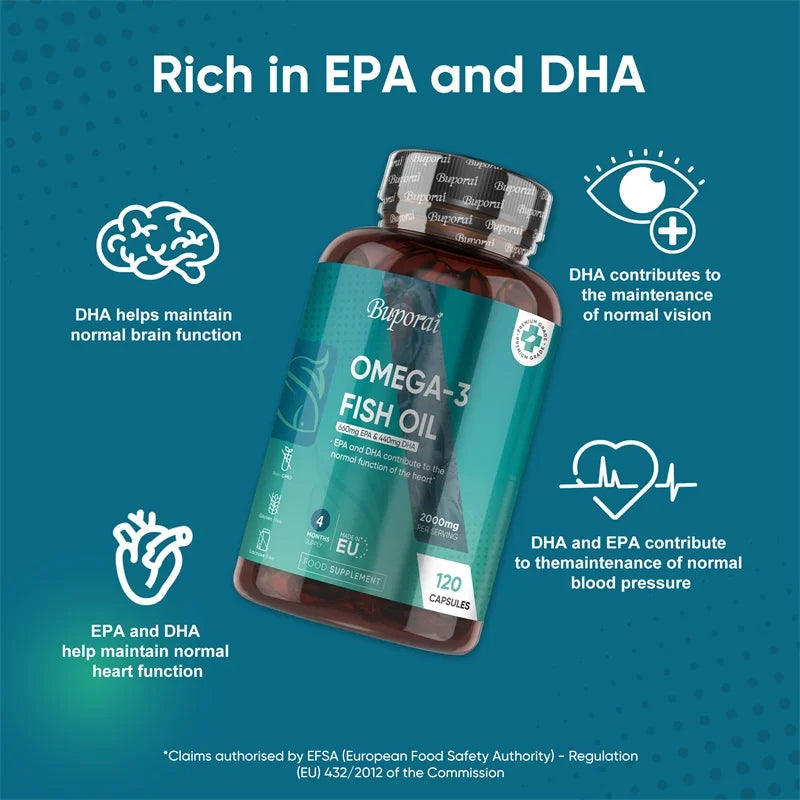 Omega 3 Fish Oil 2000mg -  Helps Maintain Normal Brain Function and Healthy Vision, Boosts Natural Energy and Improves Immunity
