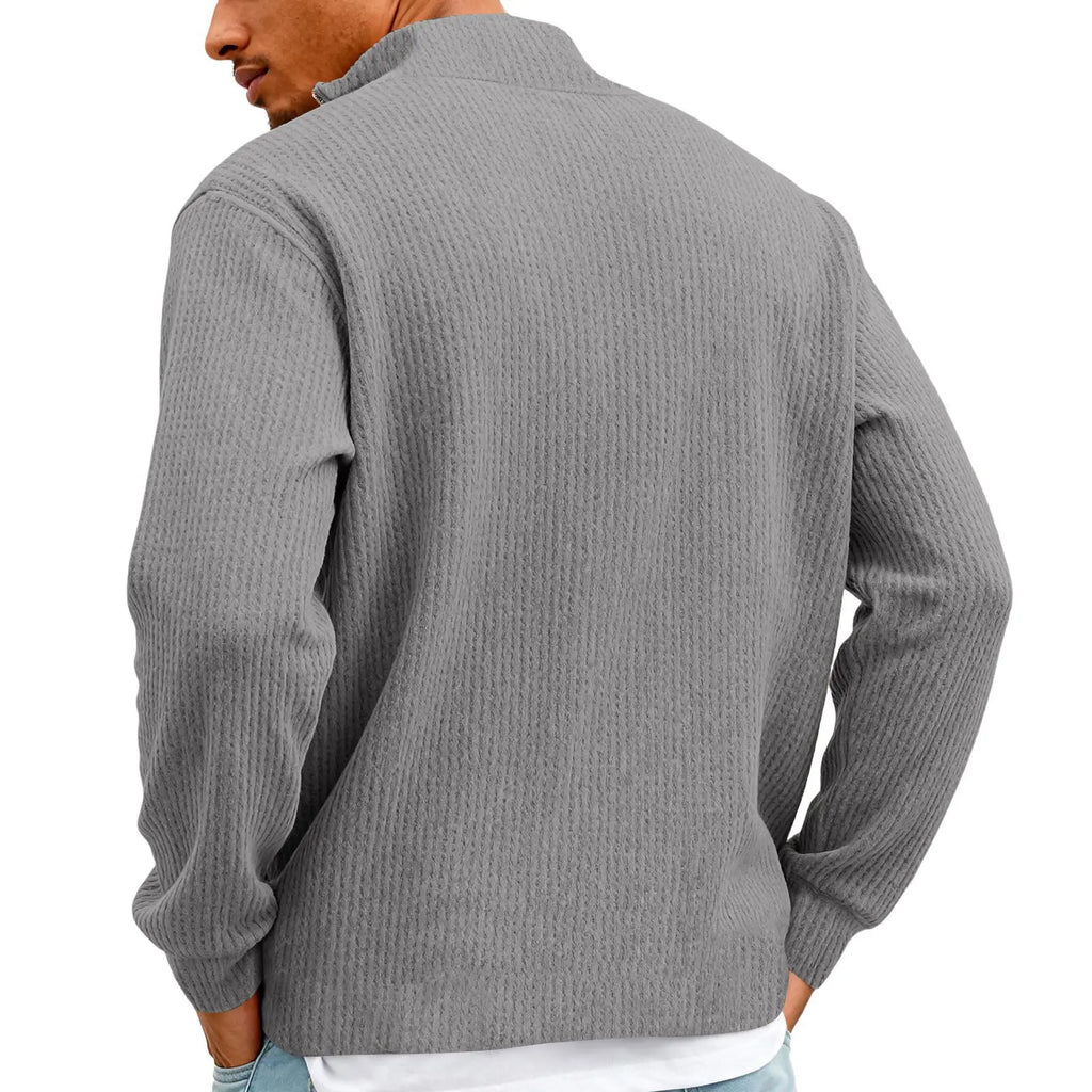 New Sweatshirts For Men Spring Waffle Long-sleeved T-shirt Men's Casual Loose Zipper Polo Collar Tees Tops Man Outwear