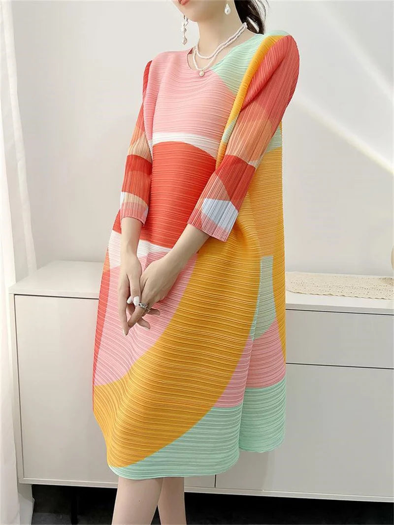 Womens Dresses Evening Dresses New Beautiful Printed Pleated Dress Summer age Plus size Fashion Loose Mid-year Long Female Skirt