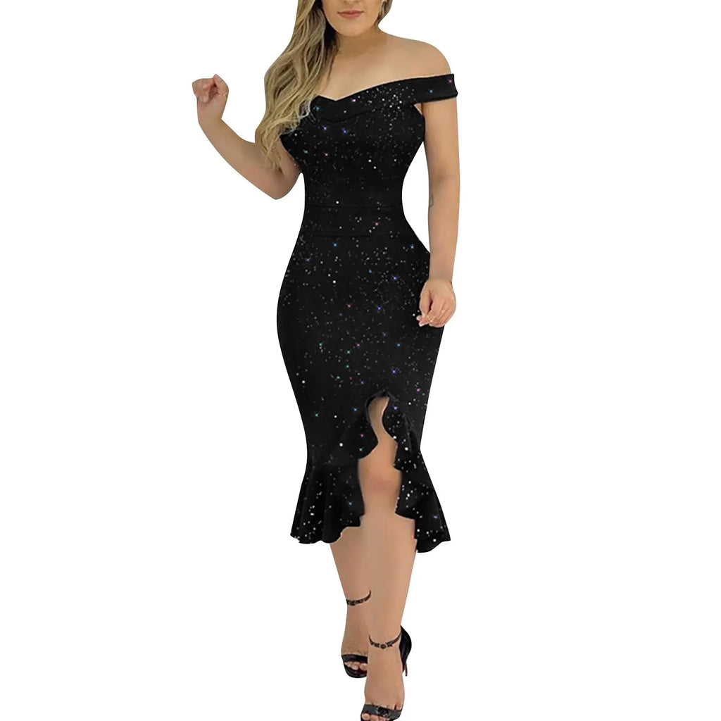 Women's Sexy party dresses Fashion Elegant dress  Off Shoulder Sequin Ruffle Irregular Dresses Masquerade Evening Dress vestidos