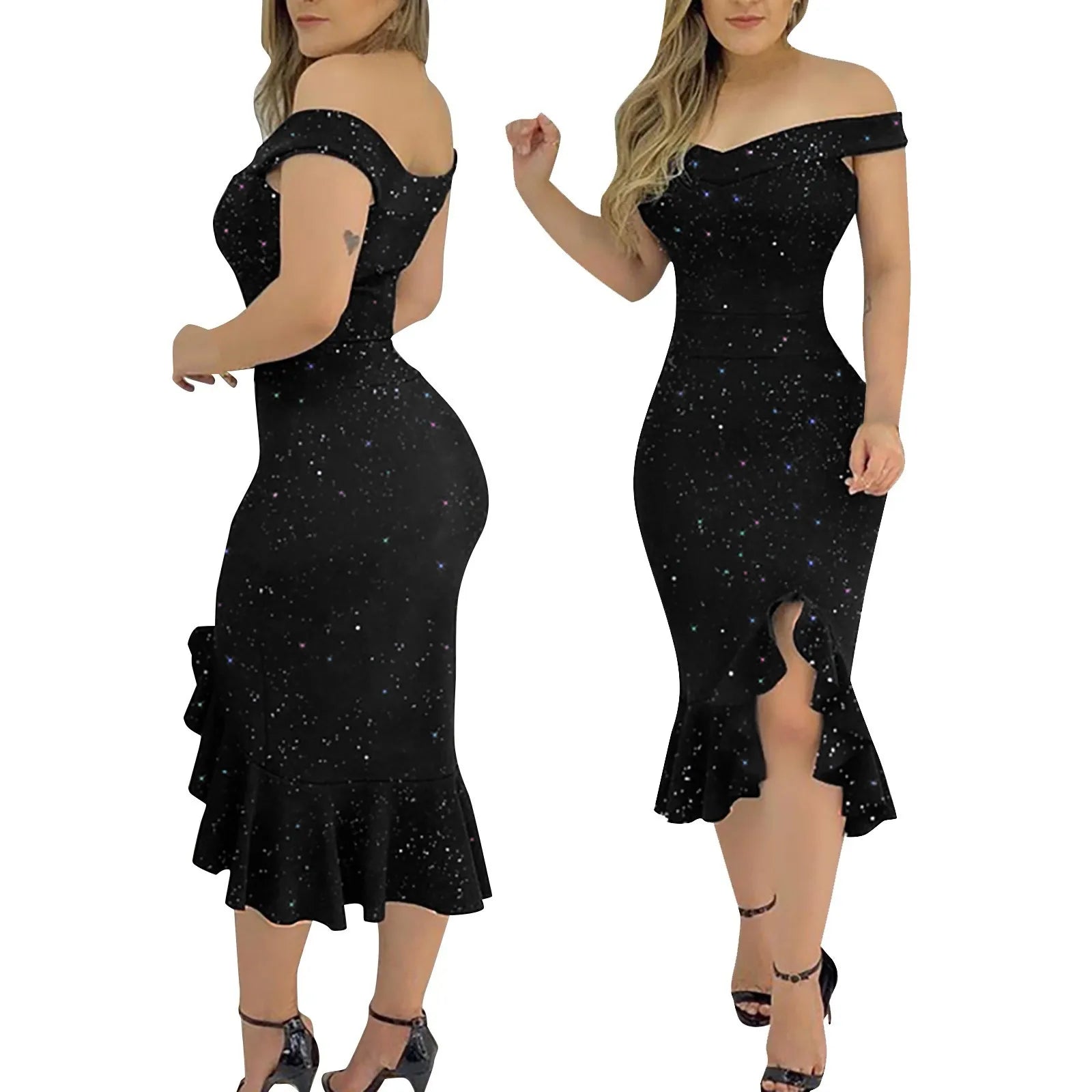 Women's Sexy party dresses Fashion Elegant dress  Off Shoulder Sequin Ruffle Irregular Dresses Masquerade Evening Dress vestidos