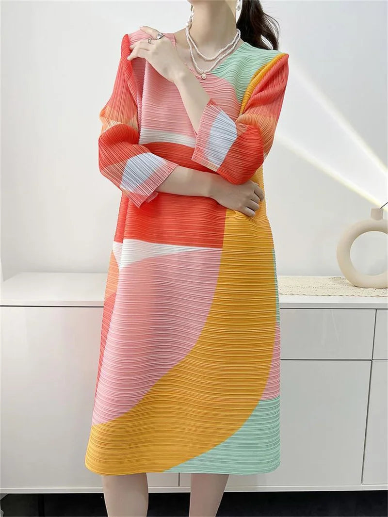 Womens Dresses Evening Dresses New Beautiful Printed Pleated Dress Summer age Plus size Fashion Loose Mid-year Long Female Skirt