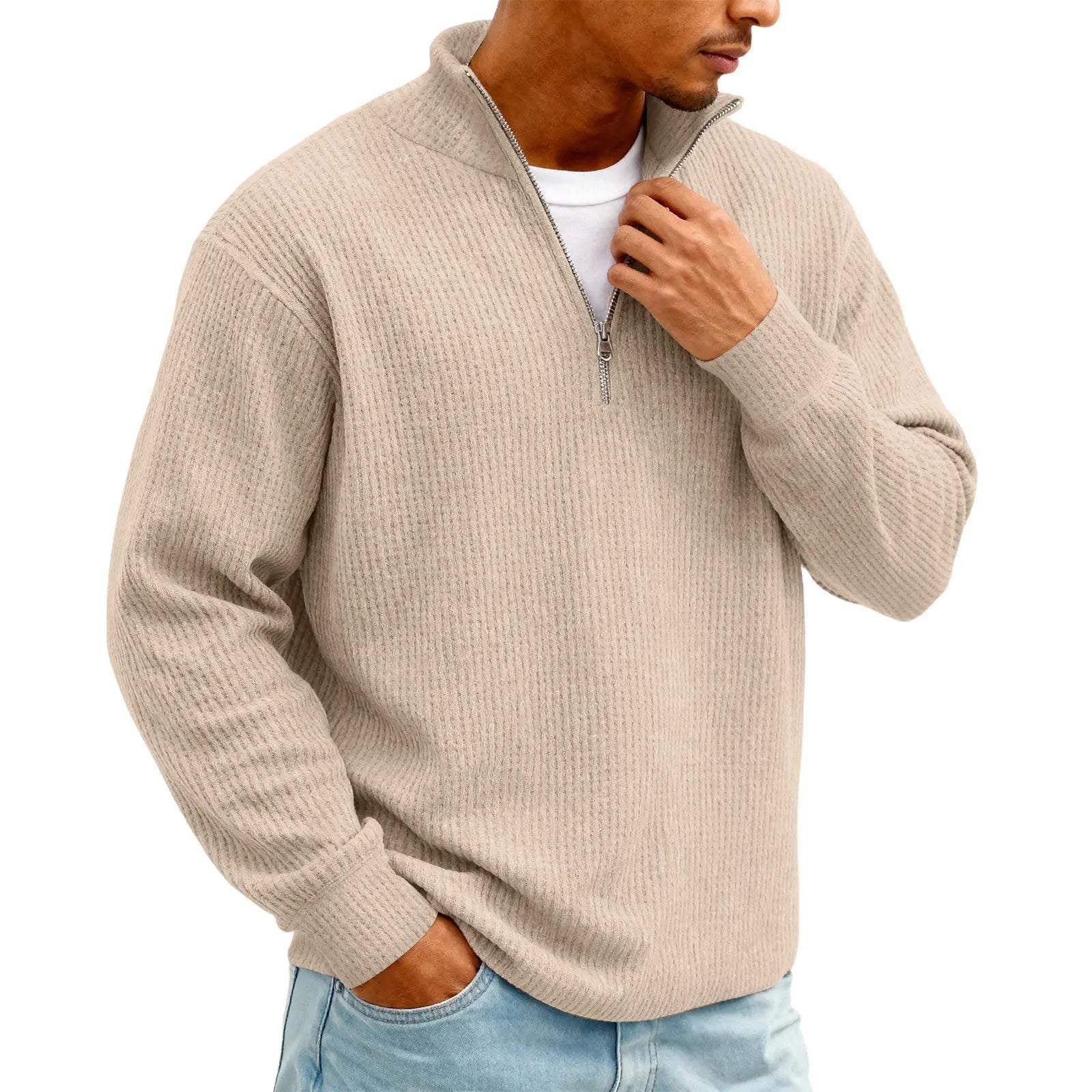 New Sweatshirts For Men Spring Waffle Long-sleeved T-shirt Men's Casual Loose Zipper Polo Collar Tees Tops Man Outwear