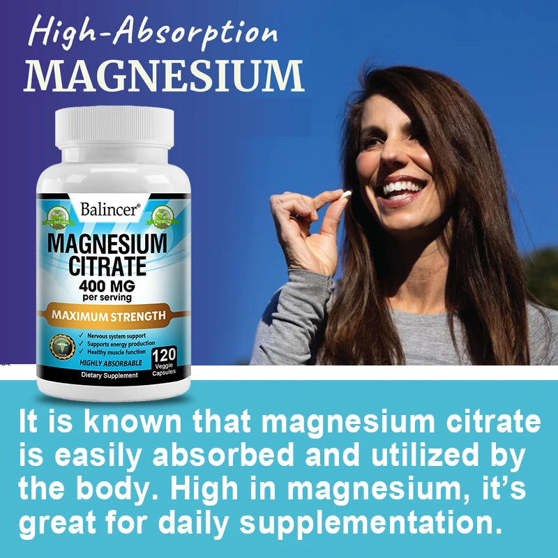 Magnesium Citrate Supplement - Supports Heart, Muscle, Nerve, Bone Health, Promote Energy Metabolism, Gut Digestion