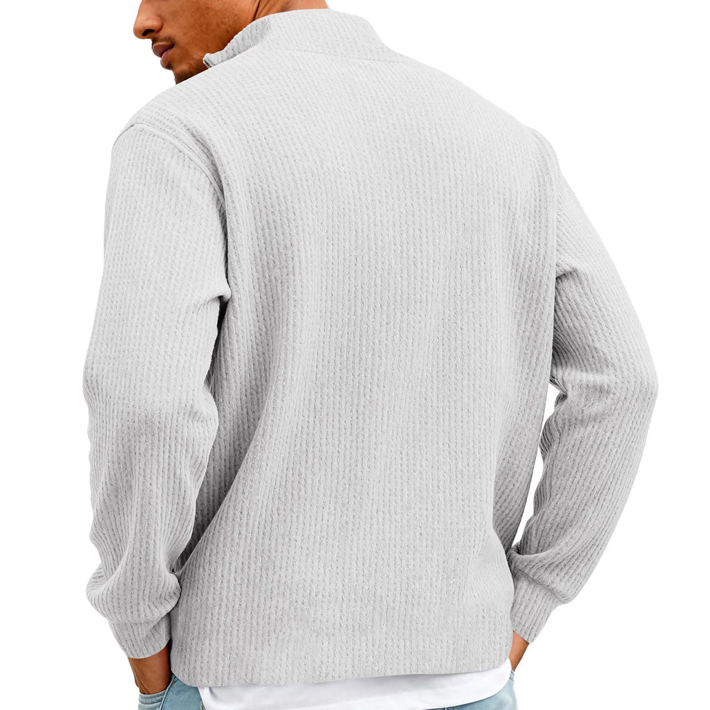 New Sweatshirts For Men Spring Waffle Long-sleeved T-shirt Men's Casual Loose Zipper Polo Collar Tees Tops Man Outwear