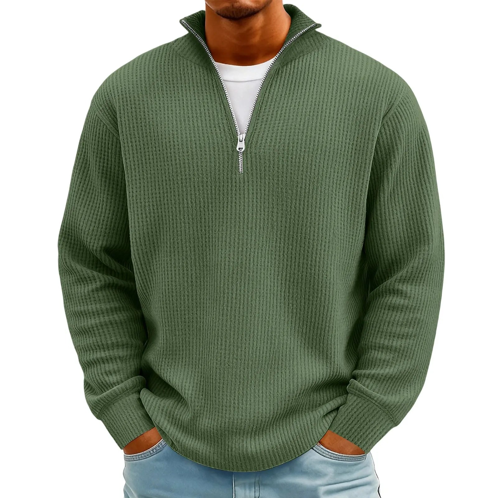 New Sweatshirts For Men Spring Waffle Long-sleeved T-shirt Men's Casual Loose Zipper Polo Collar Tees Tops Man Outwear