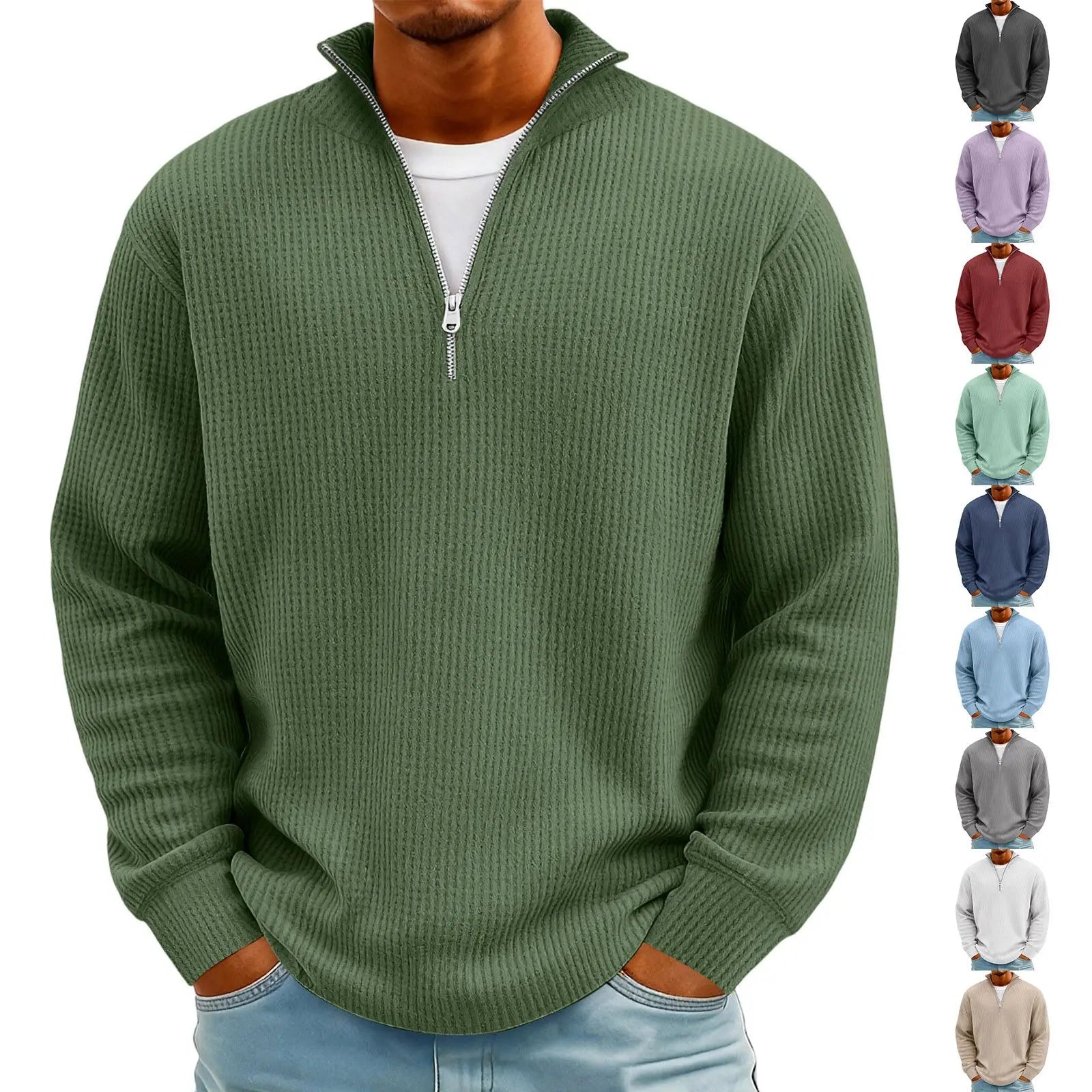 New Sweatshirts For Men Spring Waffle Long-sleeved T-shirt Men's Casual Loose Zipper Polo Collar Tees Tops Man Outwear