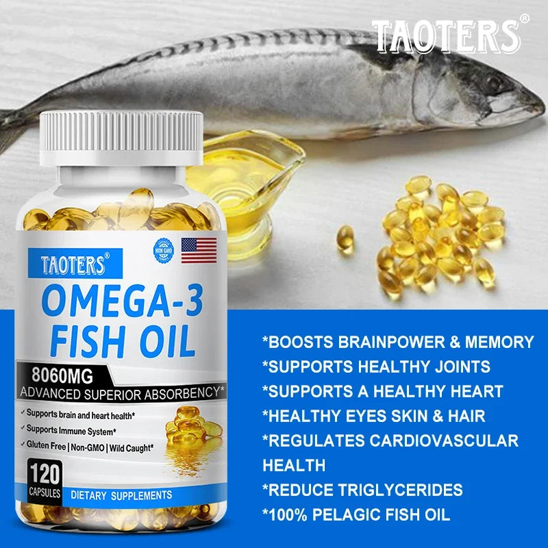 Fish Oil Omega 3 - Helps Improve Eyes, Joints, Antioxidants, Improves Skin Health, Brain Function and Supports Immunity