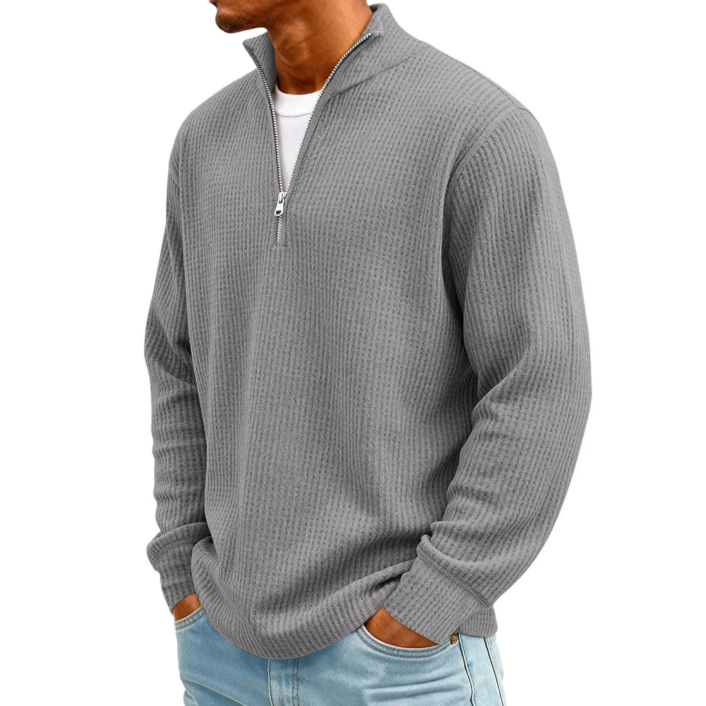 New Sweatshirts For Men Spring Waffle Long-sleeved T-shirt Men's Casual Loose Zipper Polo Collar Tees Tops Man Outwear