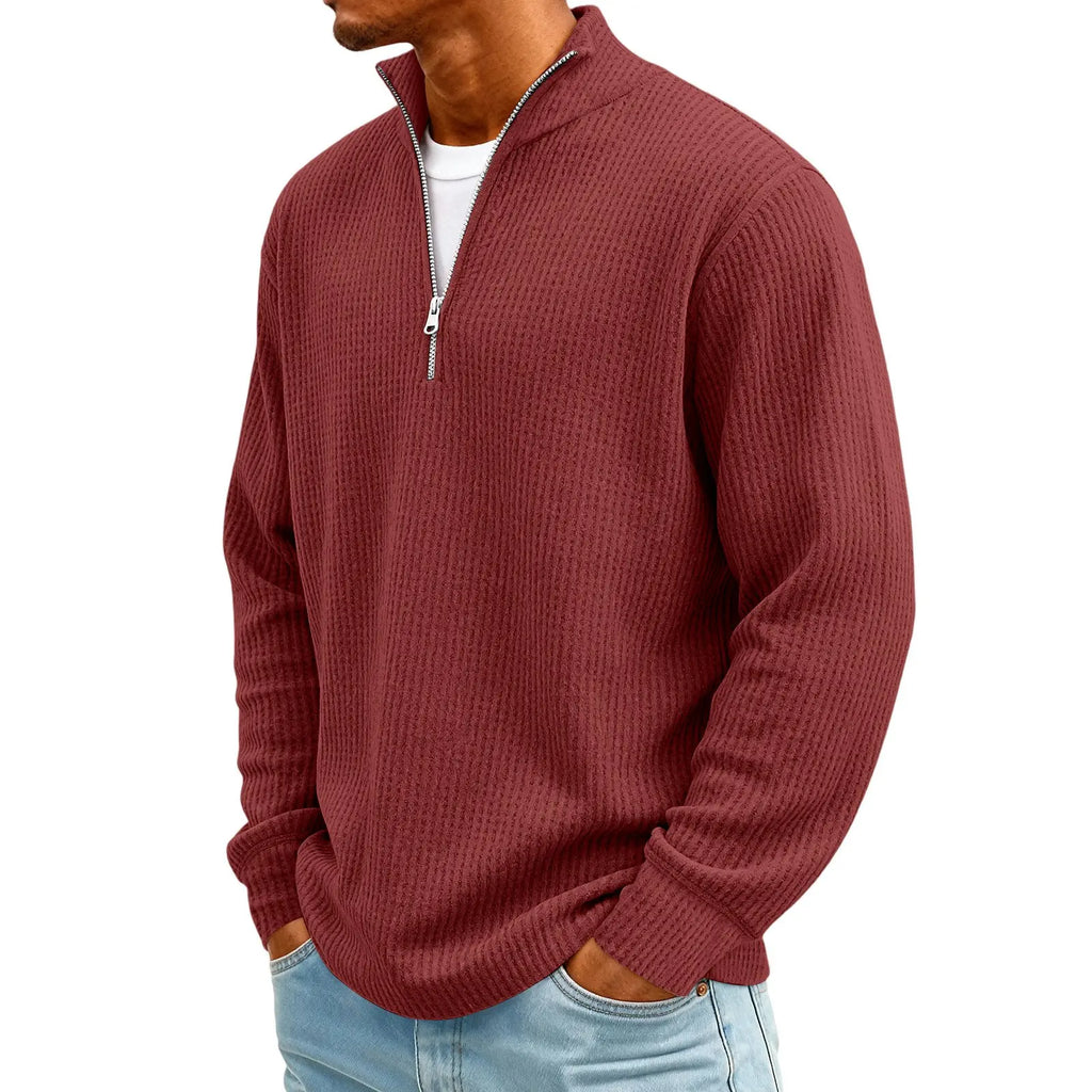 New Sweatshirts For Men Spring Waffle Long-sleeved T-shirt Men's Casual Loose Zipper Polo Collar Tees Tops Man Outwear