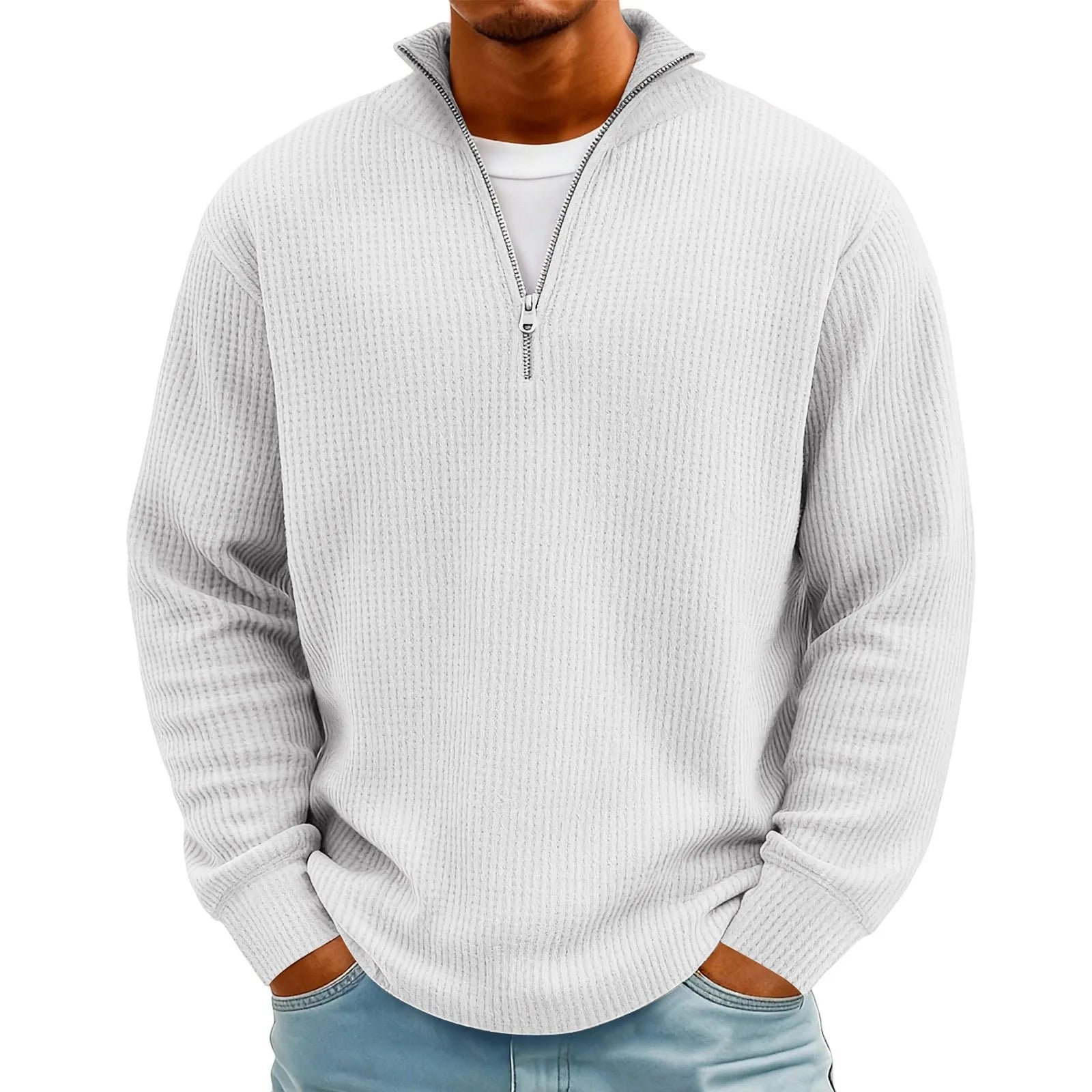 New Sweatshirts For Men Spring Waffle Long-sleeved T-shirt Men's Casual Loose Zipper Polo Collar Tees Tops Man Outwear