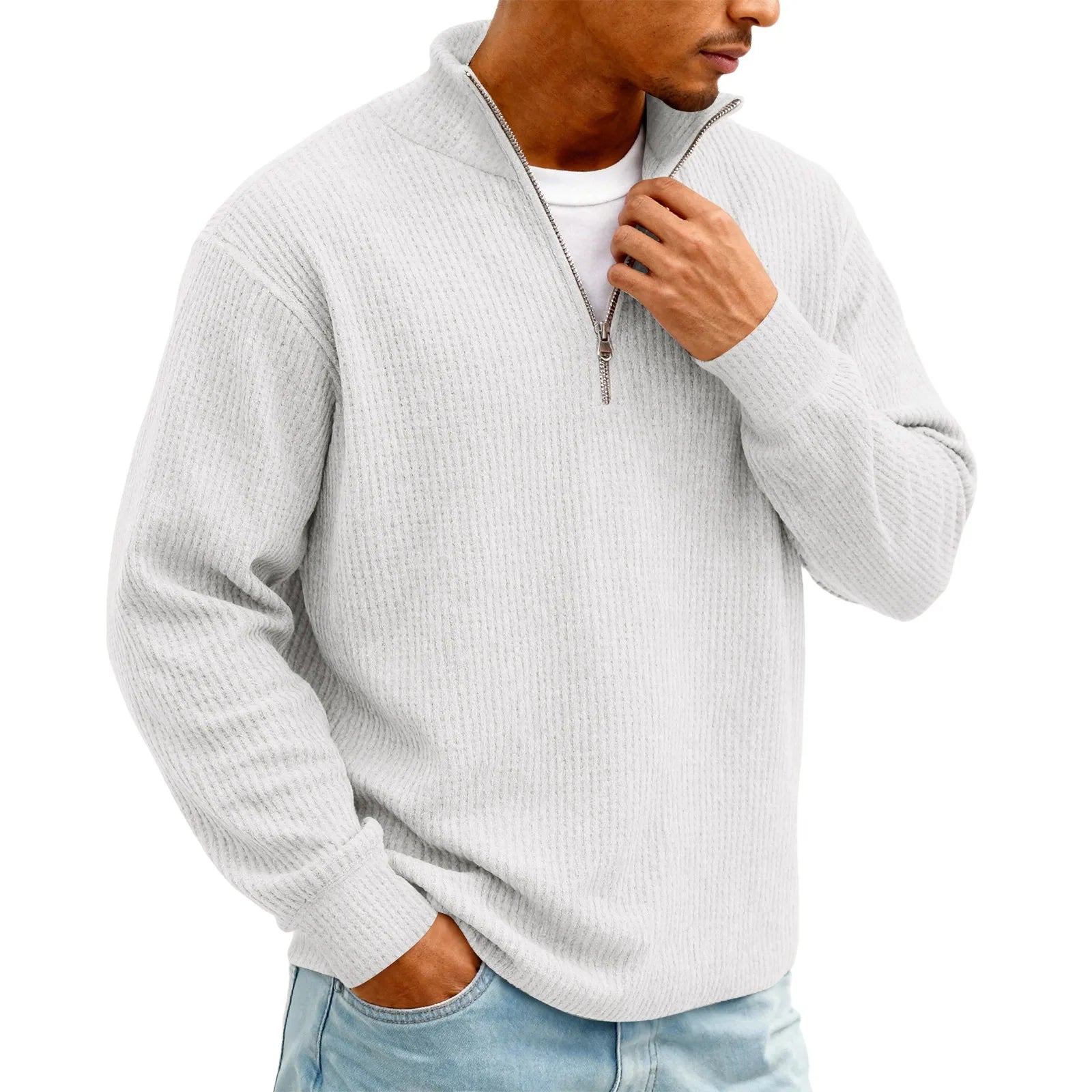 New Sweatshirts For Men Spring Waffle Long-sleeved T-shirt Men's Casual Loose Zipper Polo Collar Tees Tops Man Outwear
