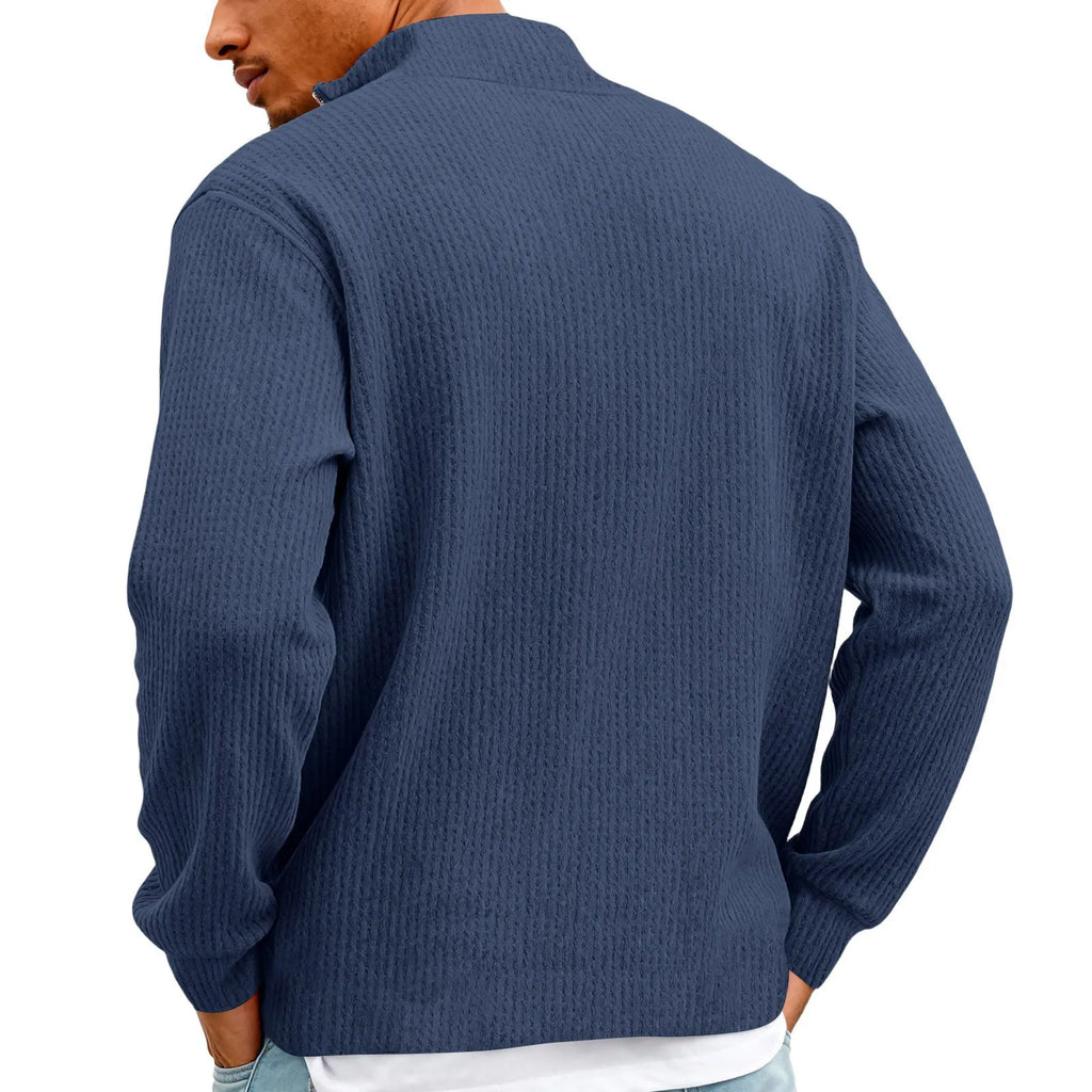 New Sweatshirts For Men Spring Waffle Long-sleeved T-shirt Men's Casual Loose Zipper Polo Collar Tees Tops Man Outwear