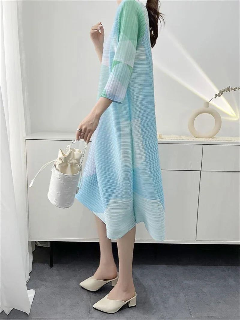 Womens Dresses Evening Dresses New Beautiful Printed Pleated Dress Summer age Plus size Fashion Loose Mid-year Long Female Skirt